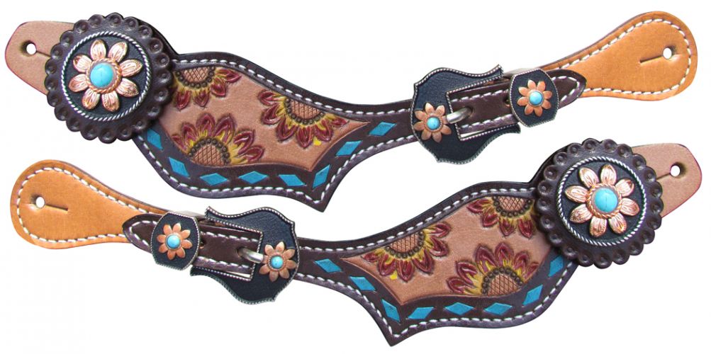 Showman Ladies Hand Painted Sunflower Spur Straps with turquoise buckstitch